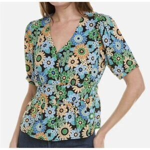 Cabi Women’s Sz XS Happy Top Green Blue Floral Print Peplum Polyester Blouse Top